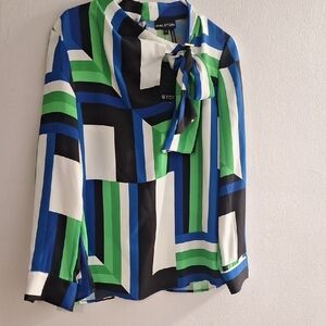 Halston Heritage Graphic Tie Front Blouse Blue Green